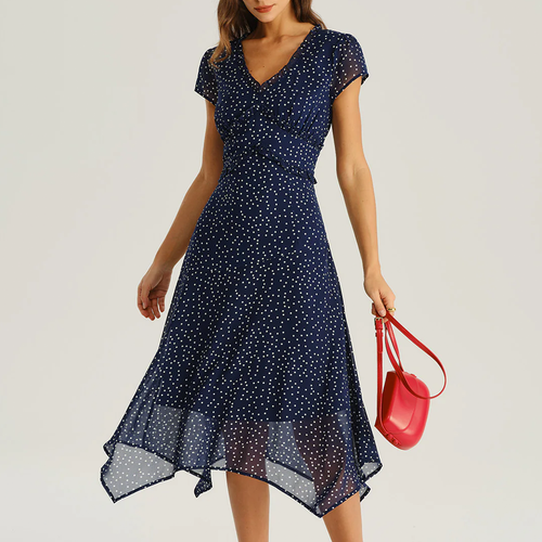 Polka‑Dot Wrap‑Style Cap‑Sleeve High‑Low Hem Midi Dress
