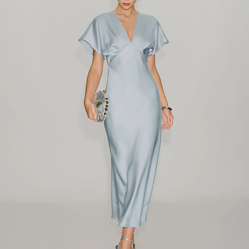 V‑Neck Cowl‑Sleeve Pleated Solid Satin Midi Dress