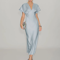 V‑Neck Cowl‑Sleeve Pleated Solid Satin Midi Dress