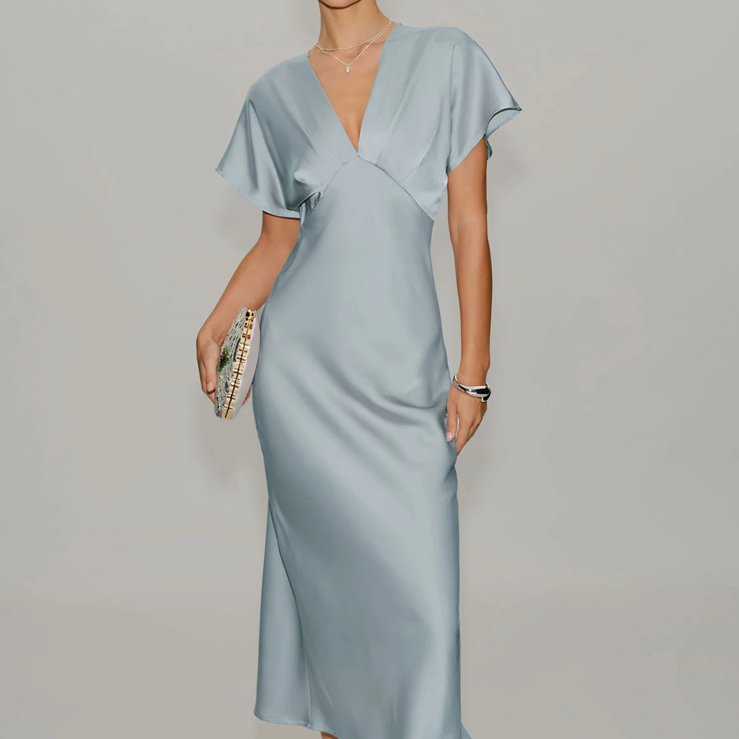 V‑Neck Cowl‑Sleeve Pleated Solid Satin Midi Dress