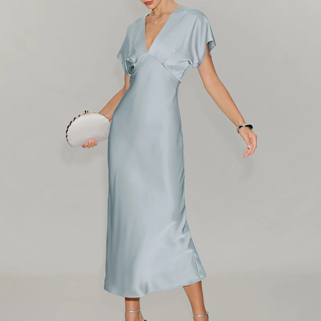 V‑Neck Cowl‑Sleeve Pleated Solid Satin Midi Dress