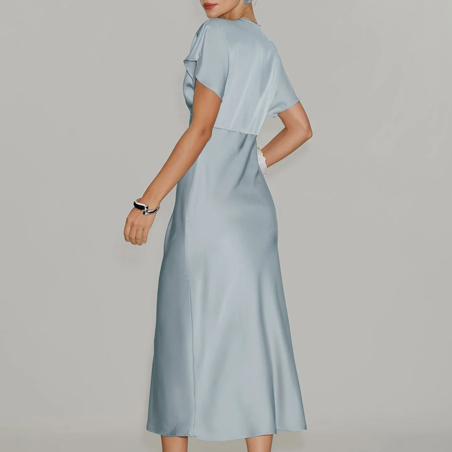 V‑Neck Cowl‑Sleeve Pleated Solid Satin Midi Dress