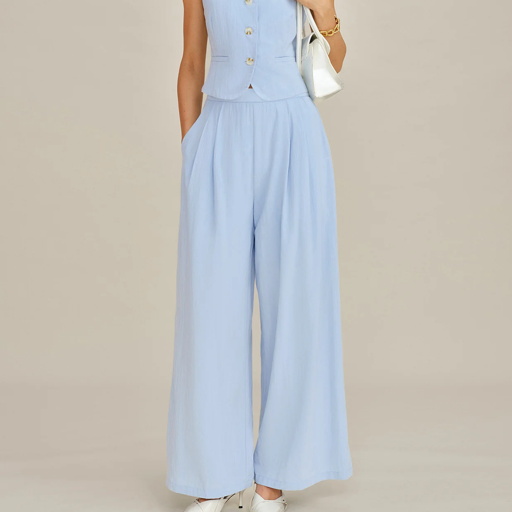 Solid Wide‑Leg Straight‑Cut Office Trousers With Side Pockets